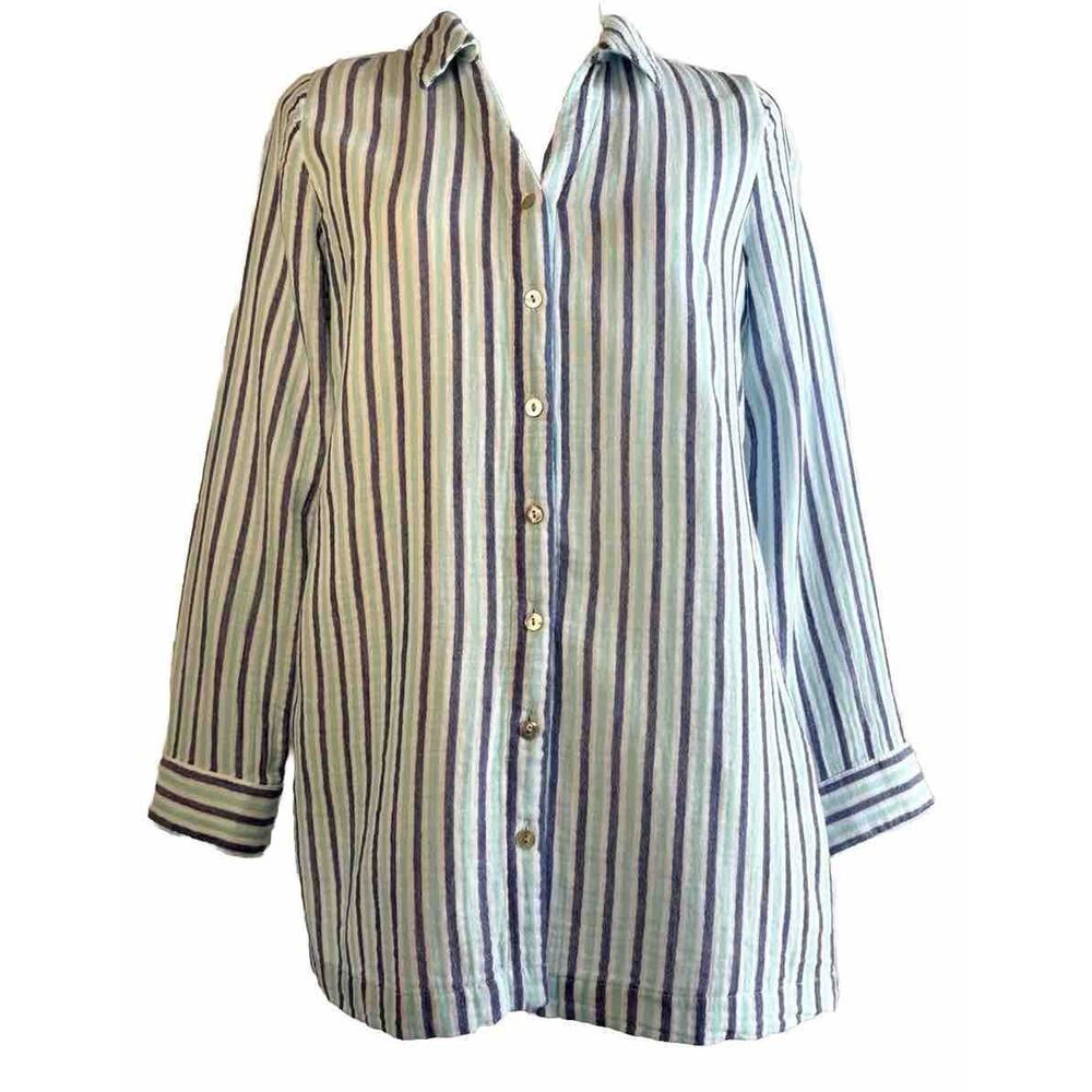 Soft Surroundings Blouse Size PS Aqua Blue Stripe Escambia Gauze Tunic Cotton